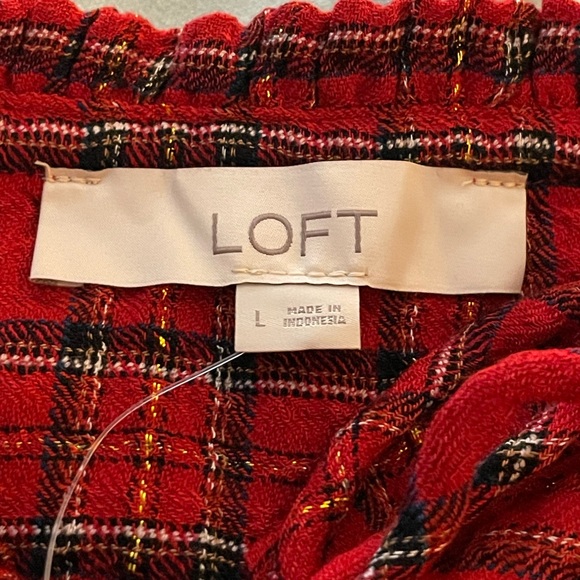 LOFT Ann Taylor Shimmer Red Plaid Tiered mini Dress size large gold buttons tie - Picture 14 of 16